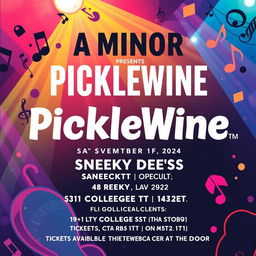 A vibrant and eye-catching music poster design featuring the following text: 'A Minor presents PickleWine at Sneeky Dee's Saturday November 9th 2024 Doors open at 6:30pm 19+ Location: 431 College St, Toronto, ON M5T 1T1 Tickets available through ticketweb