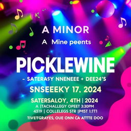 A vibrant and eye-catching music poster design featuring the following text: 'A Minor presents PickleWine at Sneeky Dee's Saturday November 9th 2024 Doors open at 6:30pm 19+ Location: 431 College St, Toronto, ON M5T 1T1 Tickets available through ticketweb