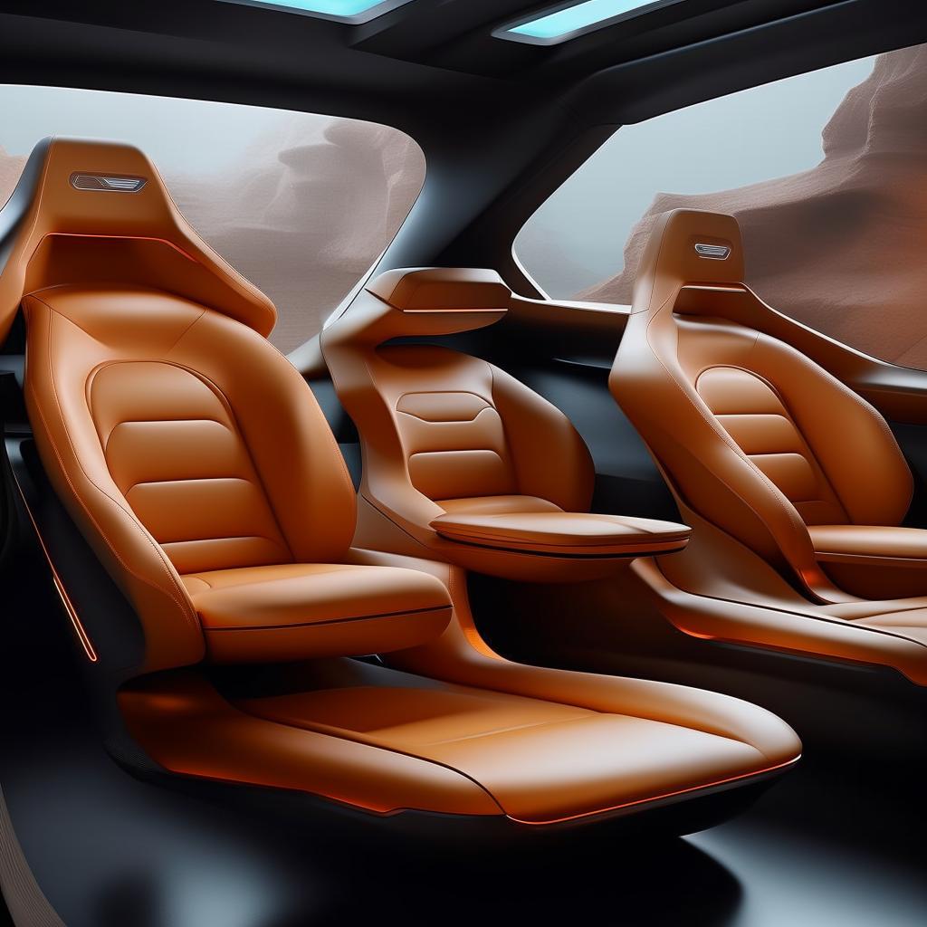 The seats in the rear cabin of a futuristic, state-of-the-art, 4-door SUV that convey plush comfort and groundbreaking design.