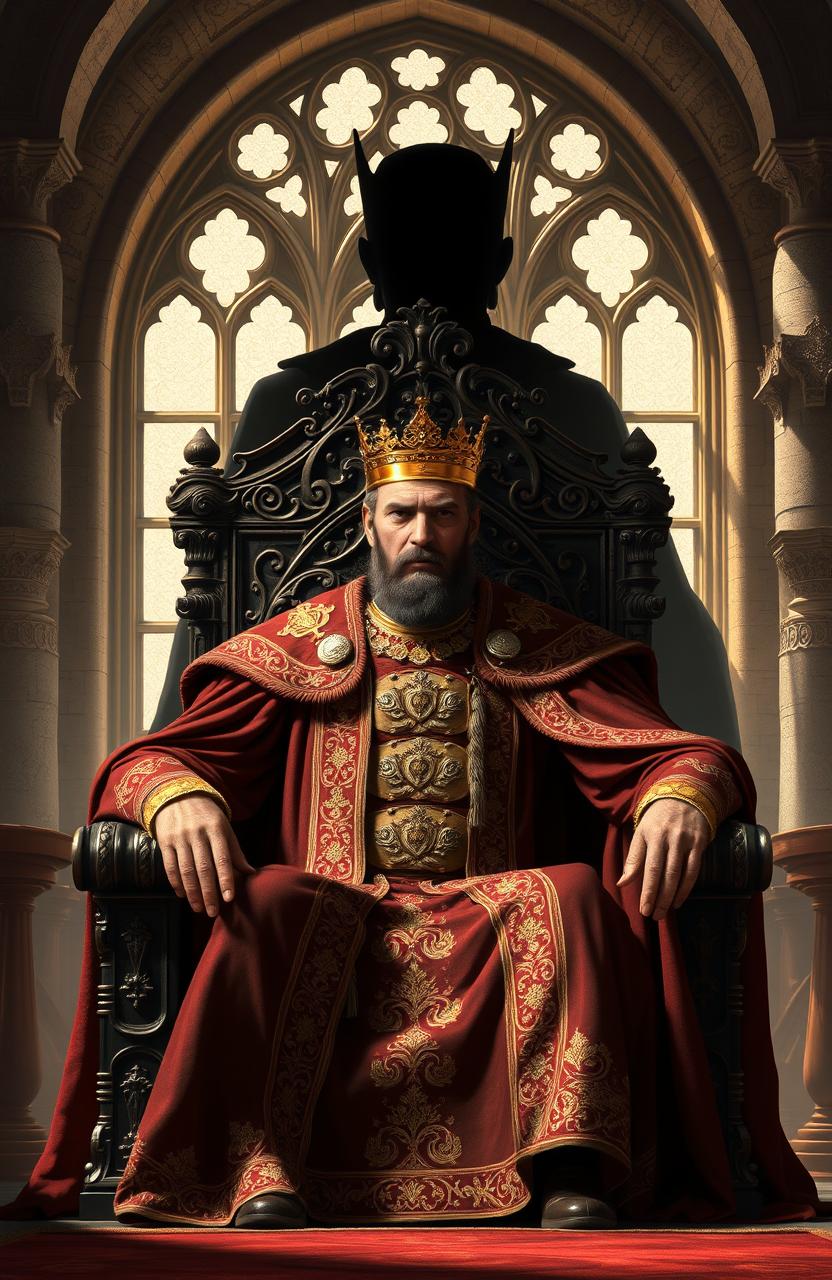 A regal scene featuring a powerful king seated on an ornate throne with a majestic shadow looming behind him