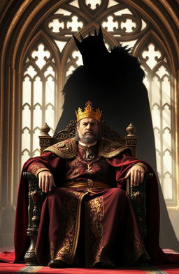 A regal scene featuring a powerful king seated on an ornate throne with a majestic shadow looming behind him