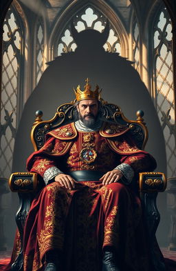 A regal scene featuring a powerful king seated on an ornate throne with a majestic shadow looming behind him