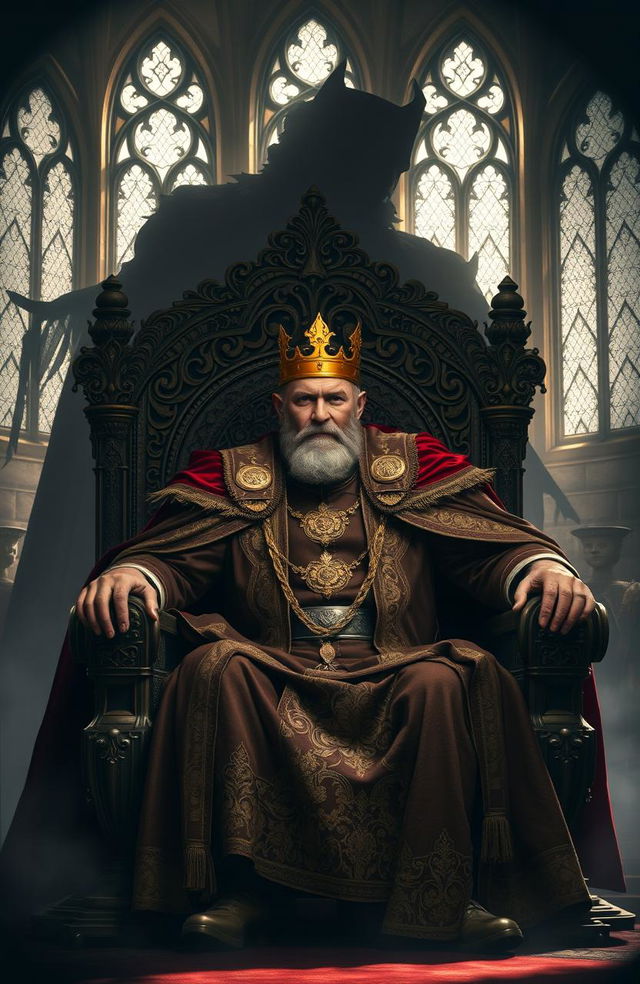 A regal scene featuring a powerful king seated on an ornate throne with a majestic shadow looming behind him