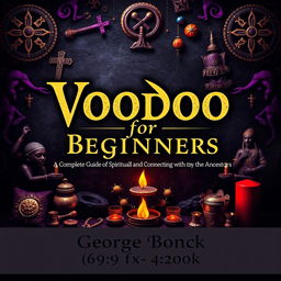 A striking book cover design featuring a voodoo ancient theme, with the title 'Voodoo for Beginners: Complete Guide to Spirituality, Spells and Connecting with the Ancestors' prominently displayed