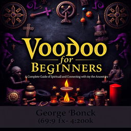 A striking book cover design featuring a voodoo ancient theme, with the title 'Voodoo for Beginners: Complete Guide to Spirituality, Spells and Connecting with the Ancestors' prominently displayed