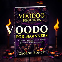 A striking book cover design featuring a voodoo ancient theme, with the title 'Voodoo for Beginners: Complete Guide to Spirituality, Spells and Connecting with the Ancestors' prominently displayed