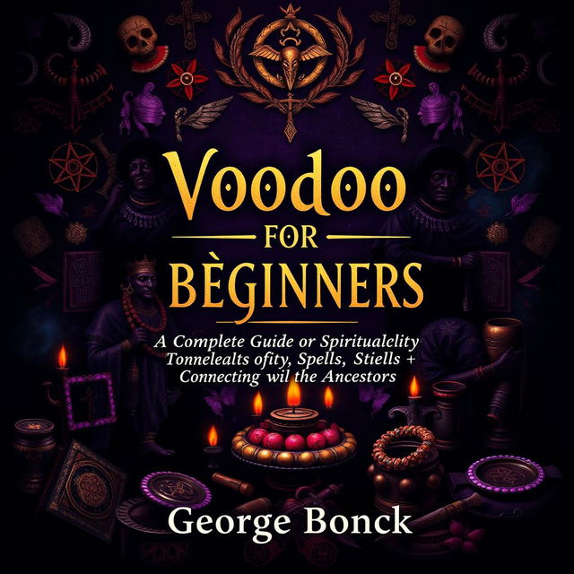 A striking book cover design featuring a voodoo ancient theme, with the title 'Voodoo for Beginners: Complete Guide to Spirituality, Spells and Connecting with the Ancestors' prominently displayed