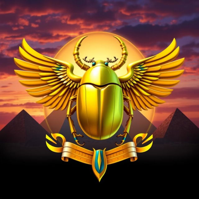 A majestic emblem for an ancient Egyptian kingdom, featuring a large golden scarab beetle with its wings spread wide