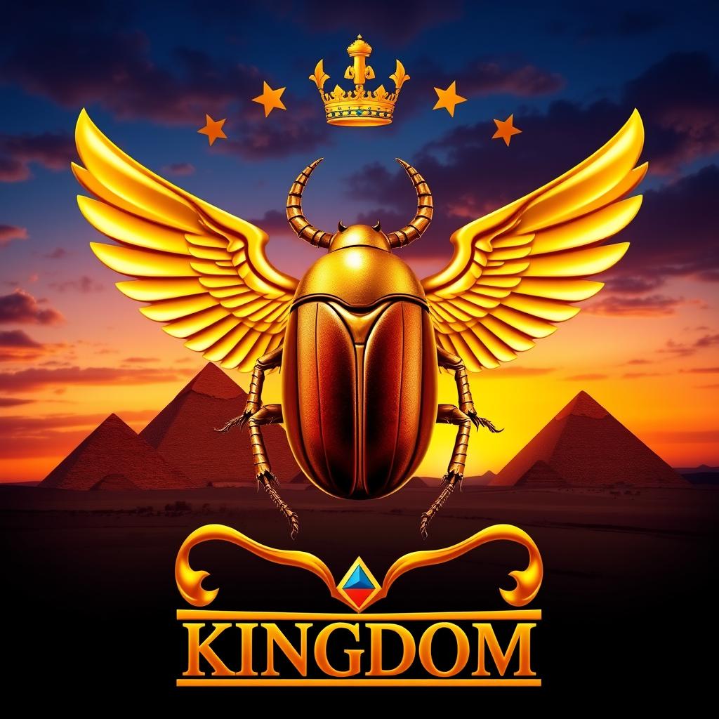 A majestic emblem for an ancient Egyptian kingdom, featuring a large golden scarab beetle with its wings spread wide