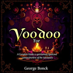 A visually striking book cover design featuring a voodoo ancient theme, showcasing the title 'Voodoo for Beginners: Complete Guide to Spirituality, Spells and Connecting with the Ancestors'