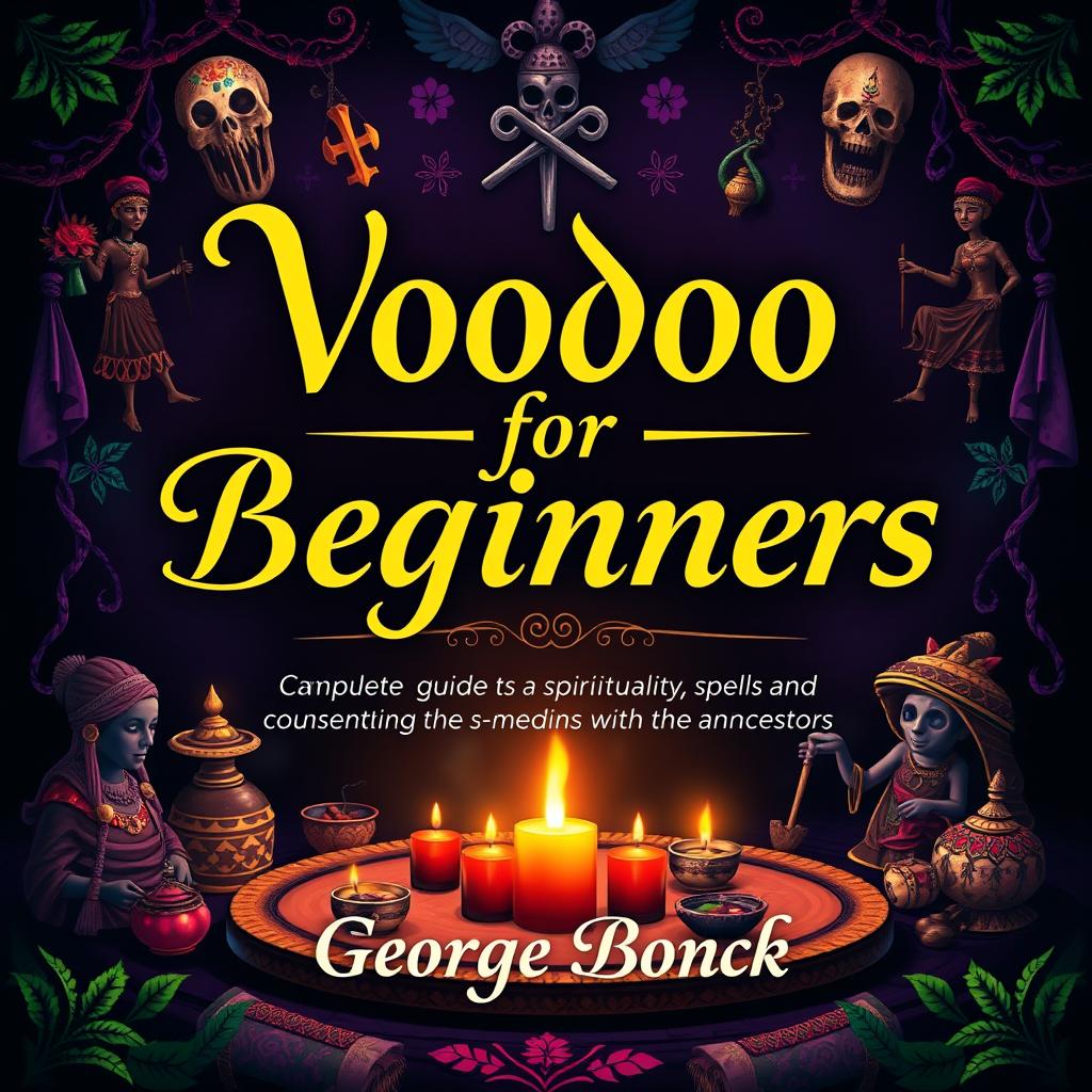 A visually striking book cover design featuring a voodoo ancient theme, showcasing the title 'Voodoo for Beginners: Complete Guide to Spirituality, Spells and Connecting with the Ancestors'