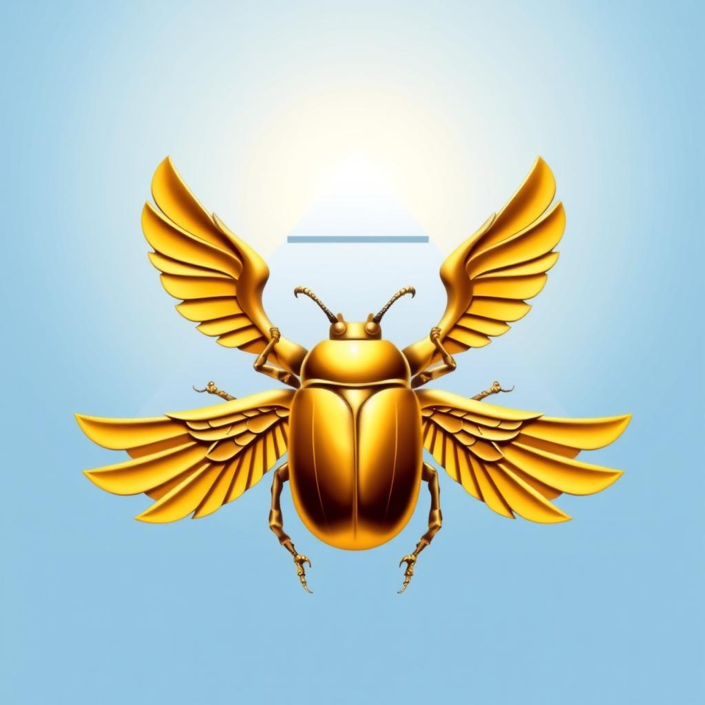 An emblem representing an ancient Egyptian kingdom, featuring a grand golden scarab beetle with its wings elegantly spread