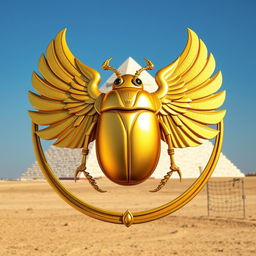 An emblem representing an ancient Egyptian kingdom, featuring a grand golden scarab beetle with its wings elegantly spread