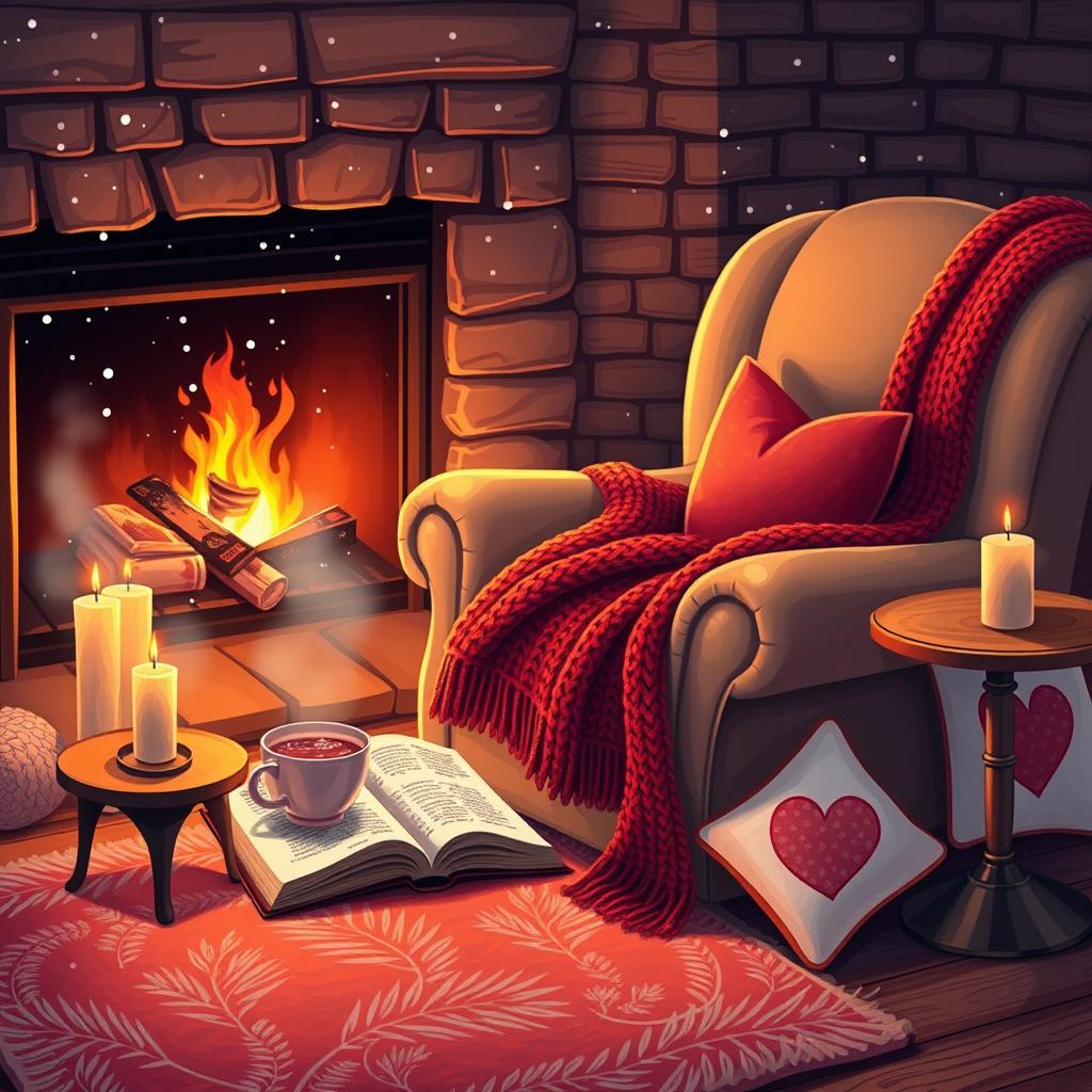 A cozy scene depicting the warmest feelings and comforts one can find, featuring a plush, oversized armchair by a roaring fireplace