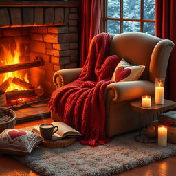A cozy scene depicting the warmest feelings and comforts one can find, featuring a plush, oversized armchair by a roaring fireplace