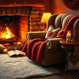 A cozy scene depicting the warmest feelings and comforts one can find, featuring a plush, oversized armchair by a roaring fireplace