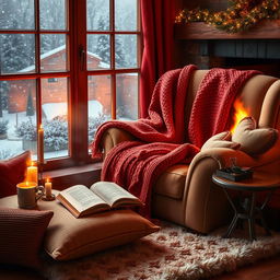 A cozy scene depicting the warmest feelings and comforts one can find, featuring a plush, oversized armchair by a roaring fireplace