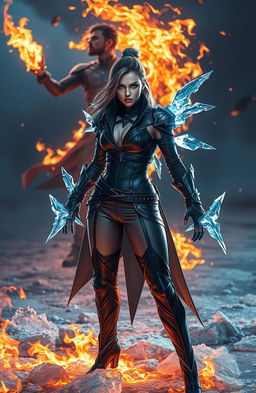 A female assassin with a fierce expression, showcasing her ice powers, adorned in a sleek, dark outfit with icy blue accents, glistening with frost
