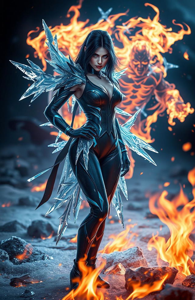 A female assassin with a fierce expression, showcasing her ice powers, adorned in a sleek, dark outfit with icy blue accents, glistening with frost