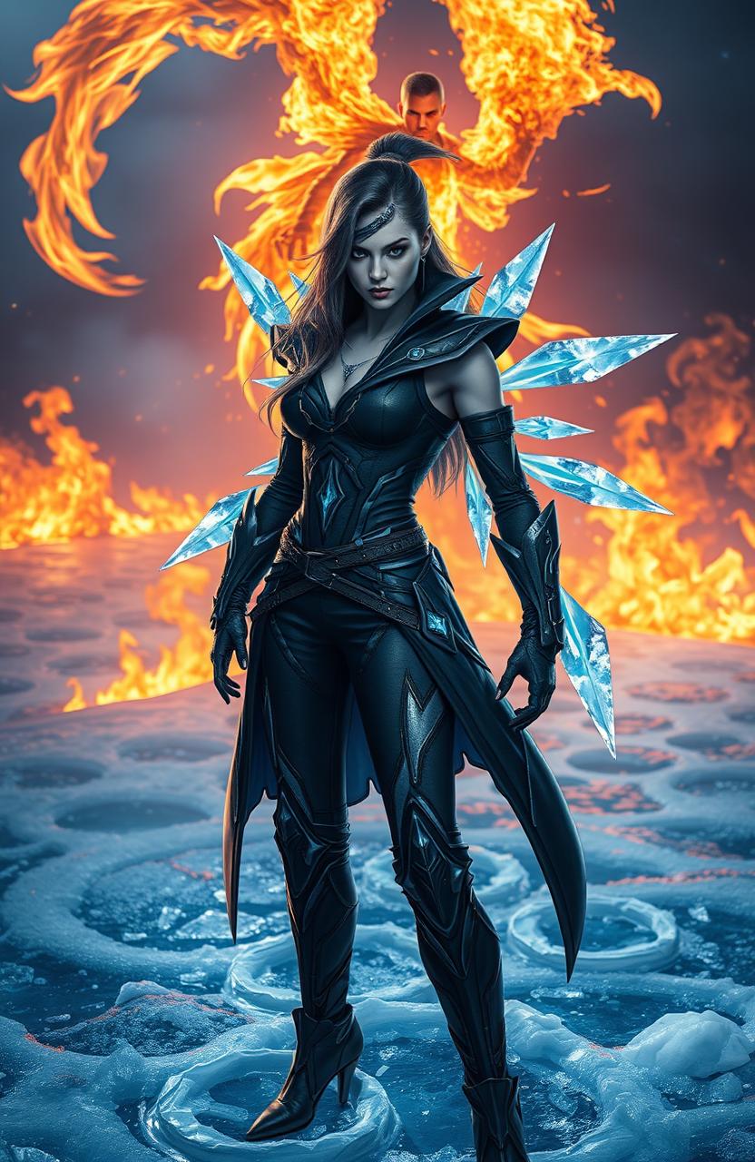 A female assassin with a fierce expression, showcasing her ice powers, adorned in a sleek, dark outfit with icy blue accents, glistening with frost