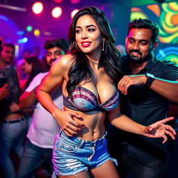 Srish Shukla in a lively club setting, wearing a stylish bikini top and trendy denim shorts, dancing sensually