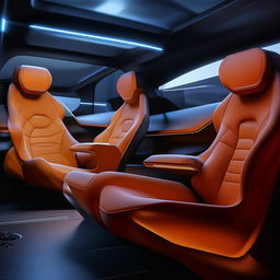 The seats in the rear cabin of a futuristic, state-of-the-art, 4-door SUV that convey plush comfort and groundbreaking design.