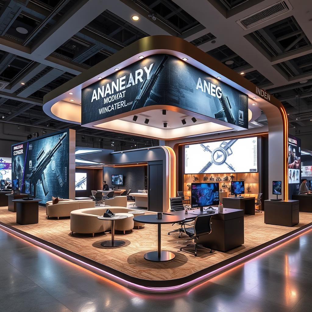 A modern and technologically advanced exhibition booth designed to display Indian military weapons