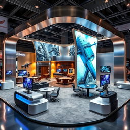 A modern and technologically advanced exhibition booth designed to display Indian military weapons