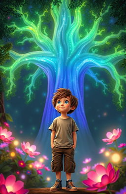 Ari, a 10-year-old boy with messy brown hair and bright blue eyes, standing in front of a magnificent glowing tree in a magical forest