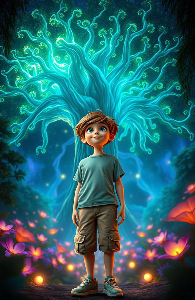 Ari, a 10-year-old boy with messy brown hair and bright blue eyes, standing in front of a magnificent glowing tree in a magical forest