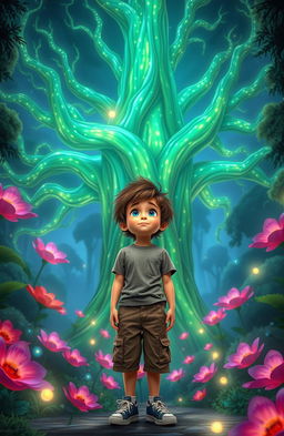 Ari, a 10-year-old boy with messy brown hair and bright blue eyes, standing in front of a magnificent glowing tree in a magical forest