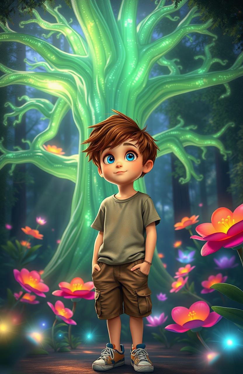 Ari, a 10-year-old boy with messy brown hair and bright blue eyes, standing in front of a magnificent glowing tree in a magical forest