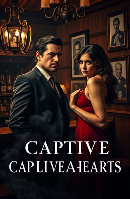 A cinematic scene titled 'Captive Hearts' depicting a romantic yet tense interaction in a dimly lit room adorned with vintage mafia-themed decor