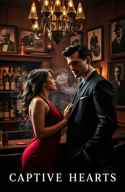 A cinematic scene titled 'Captive Hearts' depicting a romantic yet tense interaction in a dimly lit room adorned with vintage mafia-themed decor