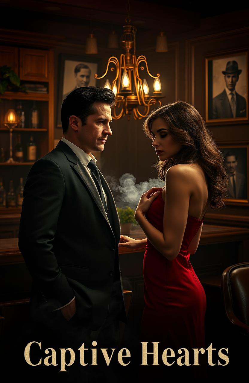 A cinematic scene titled 'Captive Hearts' depicting a romantic yet tense interaction in a dimly lit room adorned with vintage mafia-themed decor