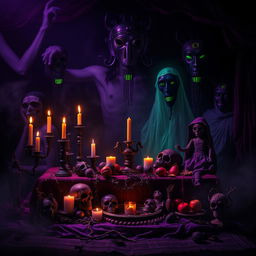 A spooky and atmospheric book cover design featuring an ancient voodoo theme with offerings to ancestors