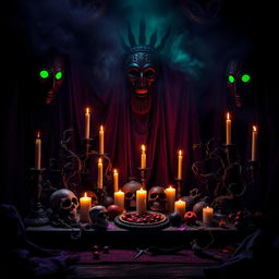 A spooky and atmospheric book cover design featuring an ancient voodoo theme with offerings to ancestors