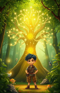 A whimsical forest scene featuring a glowing tree at its center, radiating soft, enchanting light