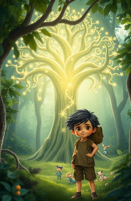 A whimsical forest scene featuring a glowing tree at its center, radiating soft, enchanting light