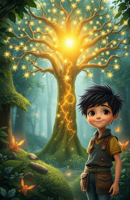 A whimsical forest scene featuring a glowing tree at its center, radiating soft, enchanting light