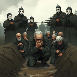 A full-body illustration of an elderly man, his face obscured by the brim of his hat, desperately trying to hide his tears while kneeling in a muddy ditch
