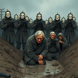 A full-body illustration of an elderly man, his face obscured by the brim of his hat, desperately trying to hide his tears while kneeling in a muddy ditch