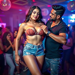 Srish Shukla in a vibrant nightclub, wearing a stylish bikini top and trendy denim shorts, dancing sensually with two men