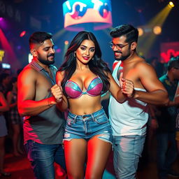 Srish Shukla in a vibrant nightclub, wearing a stylish bikini top and trendy denim shorts, dancing sensually with two men