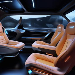 The seats in the rear cabin of a futuristic, state-of-the-art, 4-door SUV that convey plush comfort and groundbreaking design.