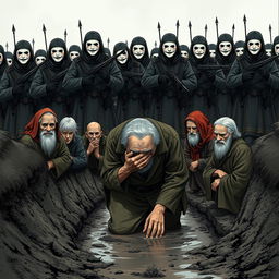 A full-body illustration of an elderly man, his face obscured by the brim of his hat, desperately attempting to hide his tears as he kneels in a muddy ditch