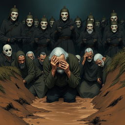 A full-body illustration of an elderly man, his face obscured by the brim of his hat, desperately attempting to hide his tears as he kneels in a muddy ditch