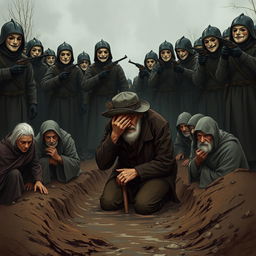 A full-body illustration of an elderly man, his face obscured by the brim of his hat, desperately attempting to hide his tears as he kneels in a muddy ditch