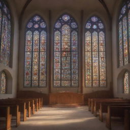 A cyber-organic church in the soft morning light, with light filtering through detailed stained glass windows. The scene is in 36K resolution and extremely detailed, in the style of professional, unedited photography.