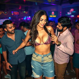 Kriti Sanon in a lively nightclub, wearing a fashionable bikini top and stylish denim shorts, dancing sensually with two men